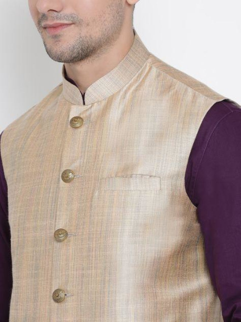 Vastramay Men's Beige Cotton Blend Ethnic Jacket