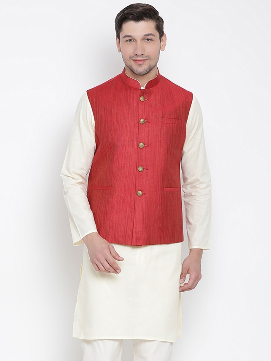 Vastramay Men's Maroon Cotton Blend Ethnic Jacket