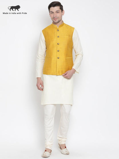 Vastramay Men's Beige Cotton Blend Kurta, Ethnic Jacket and Pyjama Set