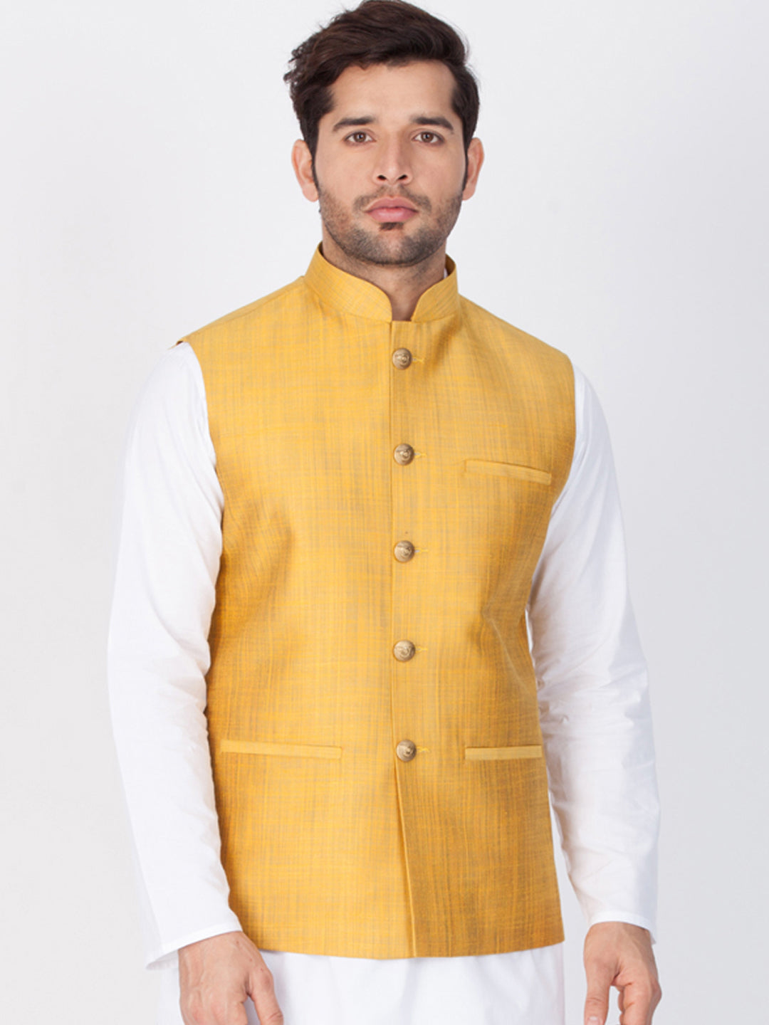 Vastramay Men's Gold Cotton Blend Ethnic Jacket