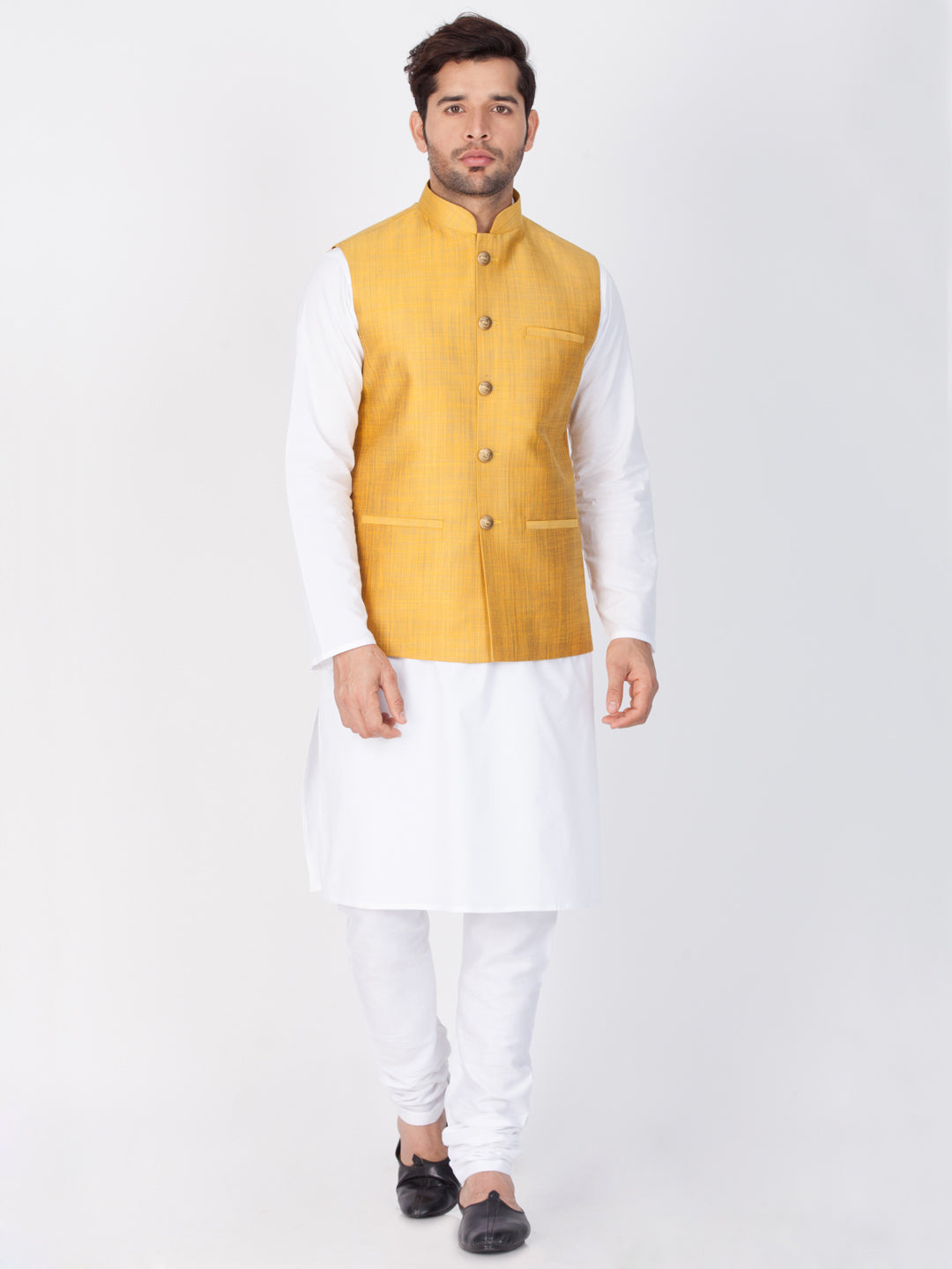 Vastramay Men's Gold Cotton Blend Ethnic Jacket