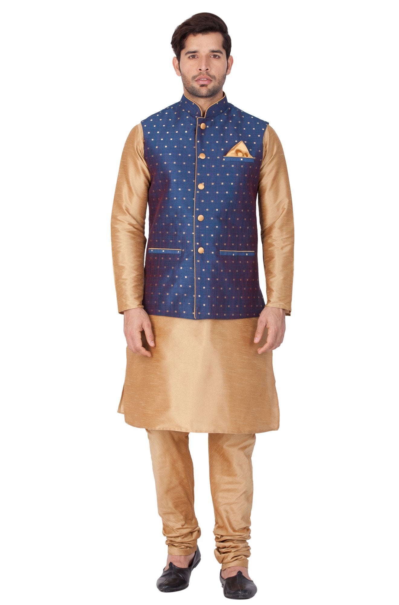 Vastramay Men's Blue Zari Weaved Jacket With Kurta Pyjama Set