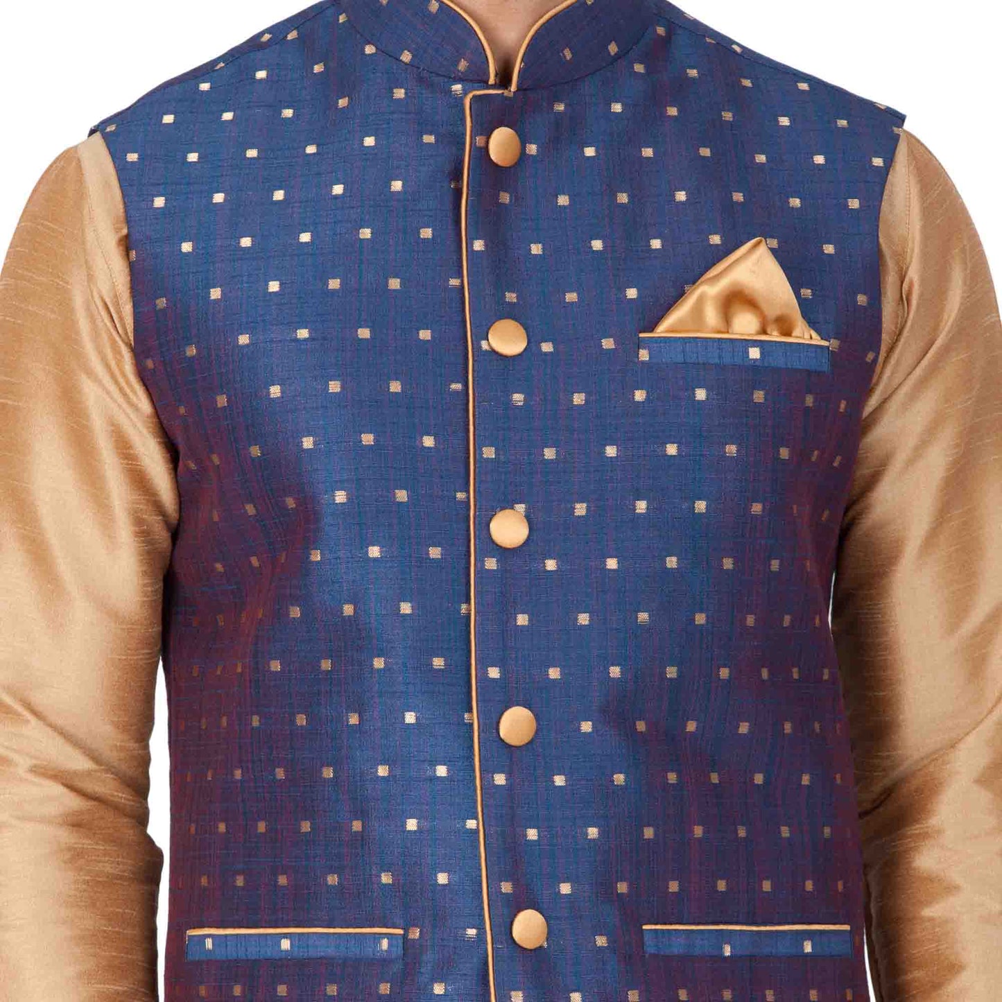 Vastramay Men's Blue Zari Weaved Jacket With Kurta Pyjama Set