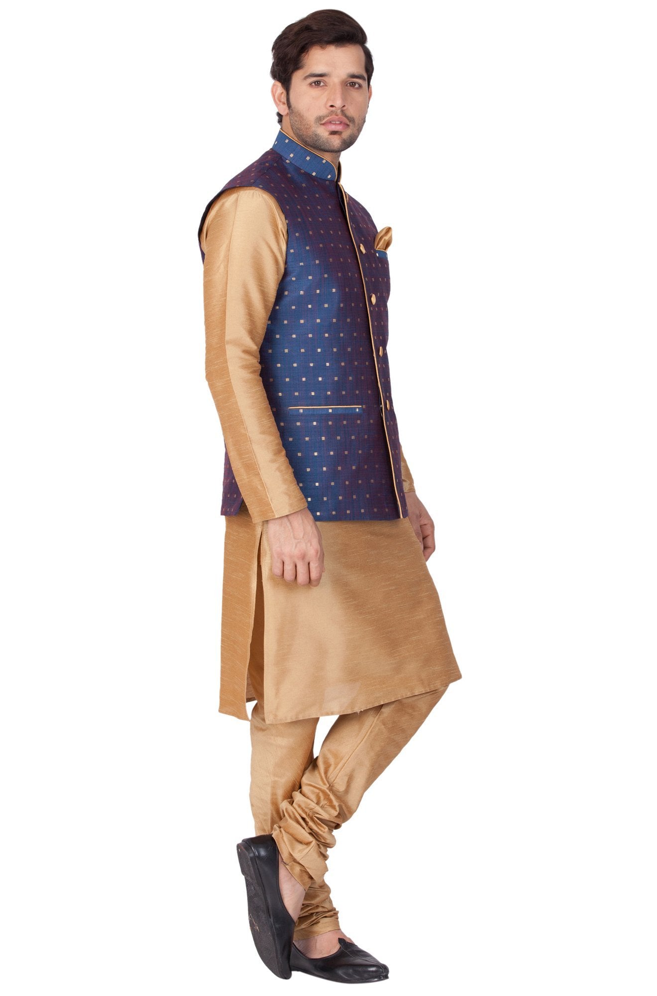 Vastramay Men's Blue Zari Weaved Jacket With Kurta Pyjama Set