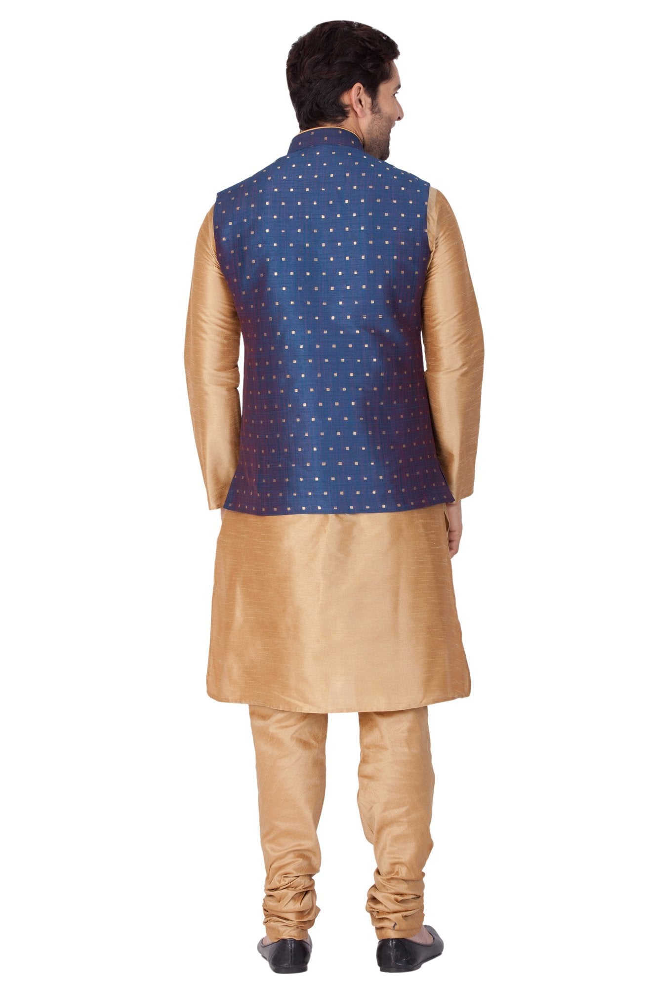 Vastramay Men's Blue Zari Weaved Jacket With Kurta Pyjama Set