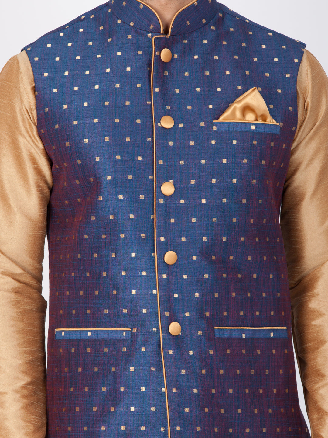 Vastramay Rose Gold and Navy Blue Silk Blend Baap Beta Jacket Kurta Pyjama set