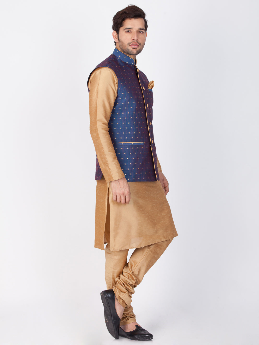 Vastramay Rose Gold and Navy Blue Silk Blend Baap Beta Jacket Kurta Pyjama set