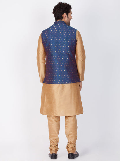 Vastramay Rose Gold and Navy Blue Silk Blend Baap Beta Jacket Kurta Pyjama set