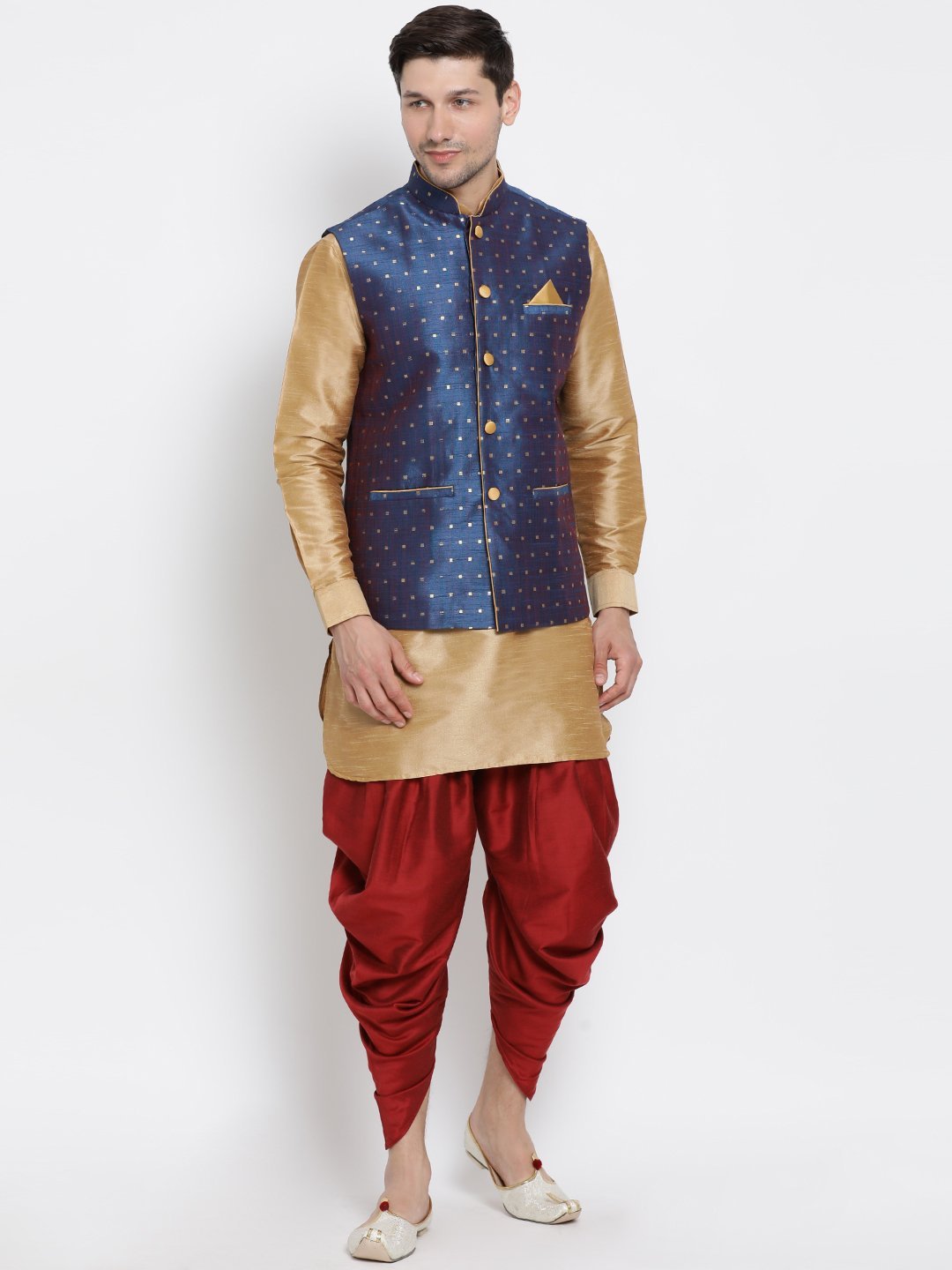 Vastramay Men's Blue Zari Weaved Jacket With Kurta Dhoti Set