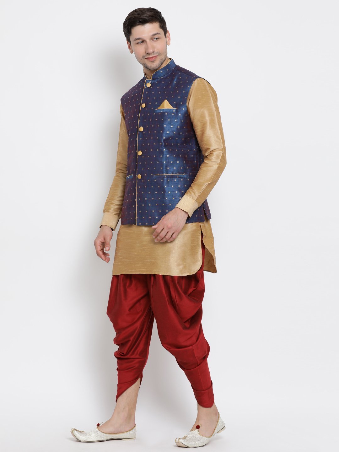 Vastramay Men's Blue Zari Weaved Jacket With Kurta Dhoti Set