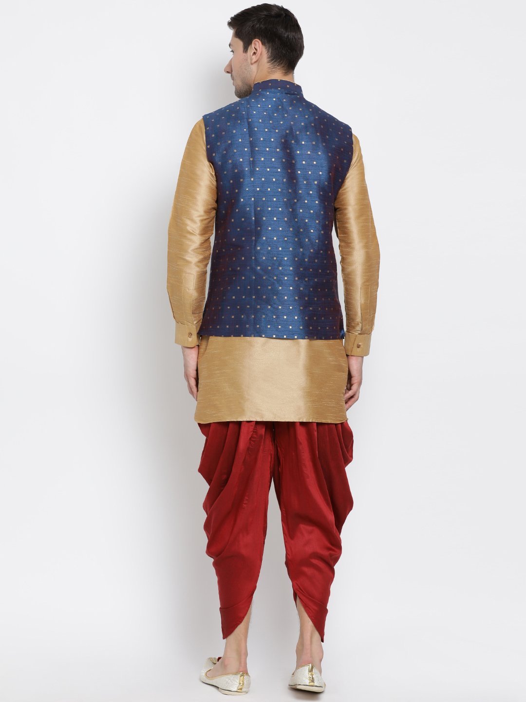 Vastramay Men's Blue Zari Weaved Jacket With Kurta Dhoti Set