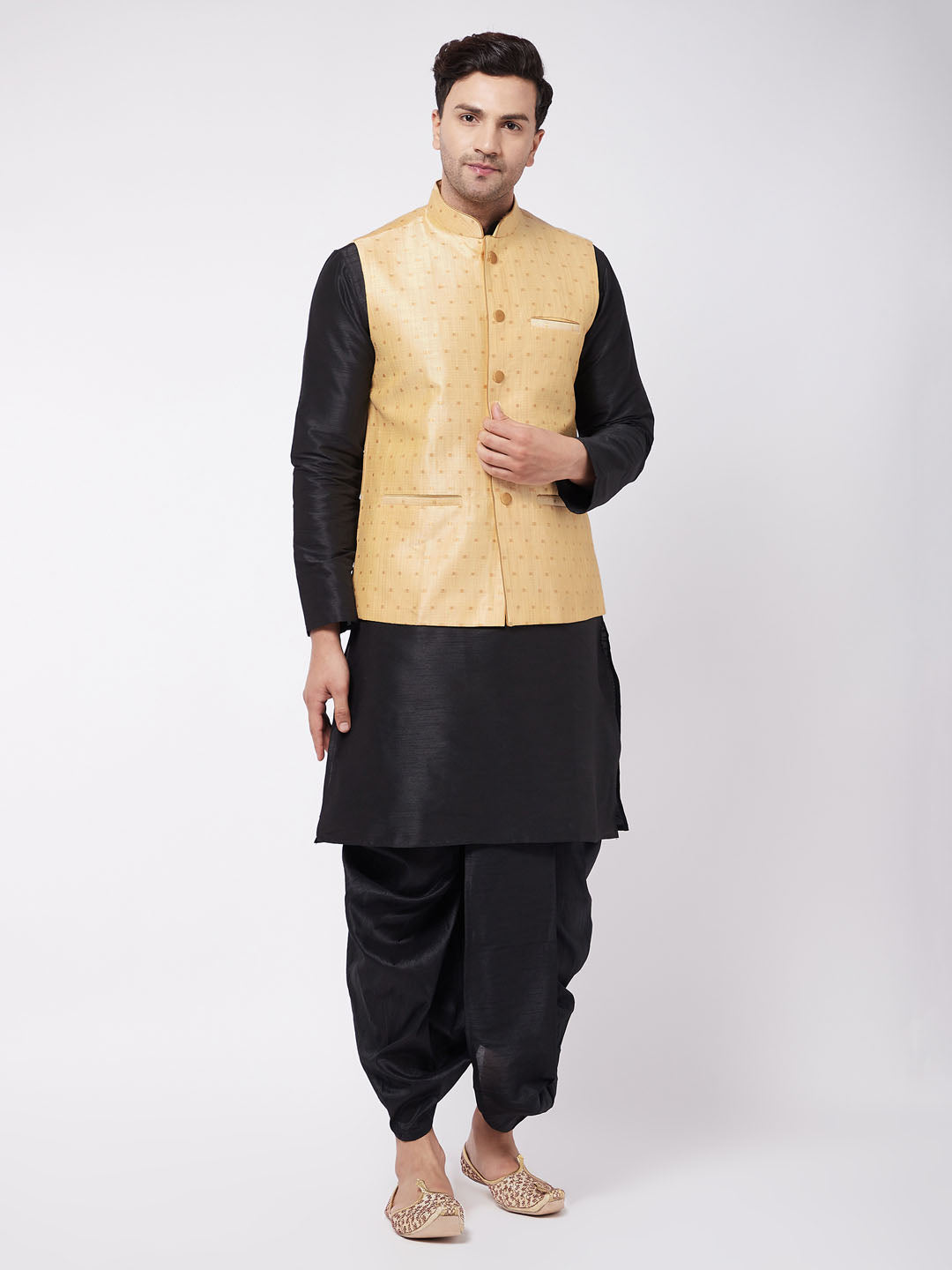 Vastramay Men's Gold Zari Weaved Jacket With Kurta Dhoti Set