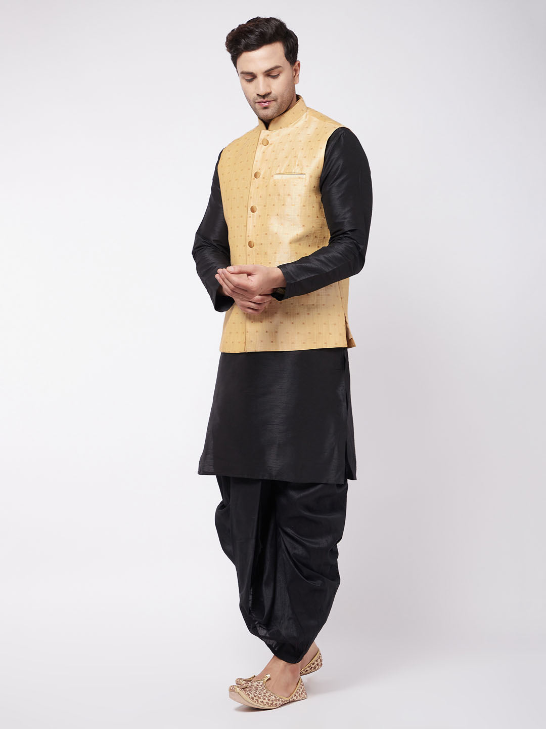 Vastramay Men's Gold Zari Weaved Jacket With Kurta Dhoti Set