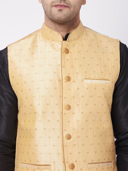 Vastramay Men's Gold Zari Weaved Jacket With Kurta Dhoti Set