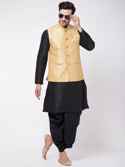 Vastramay Men's Gold Zari Weaved Jacket With Kurta Dhoti Set