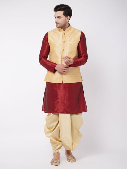 Vastramay Men's Gold Zari Weaved Jacket With Kurta Dhoti Set