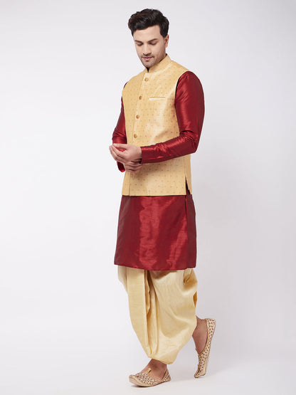 Vastramay Men's Gold Zari Weaved Jacket With Kurta Dhoti Set