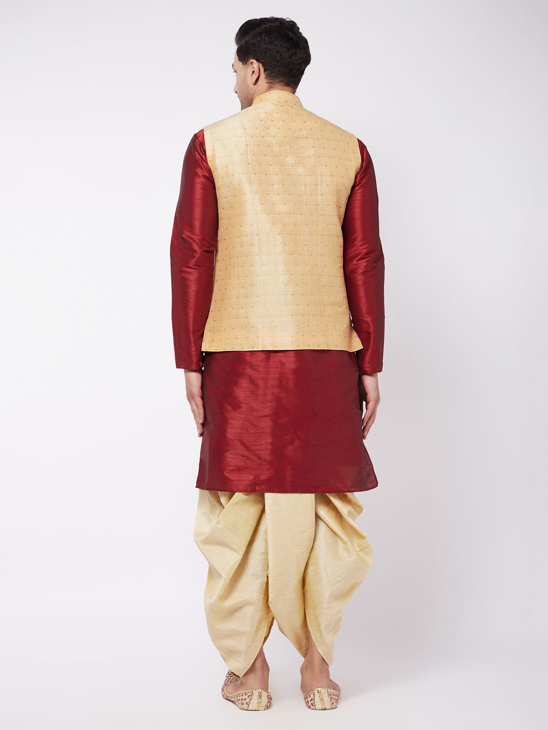 Vastramay Men's Gold Zari Weaved Jacket With Kurta Dhoti Set