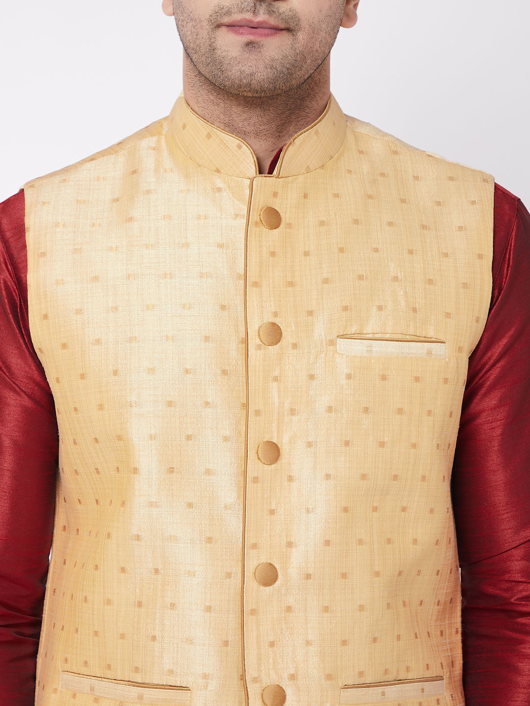 Vastramay Men's Gold Zari Weaved Jacket With Kurta Dhoti Set