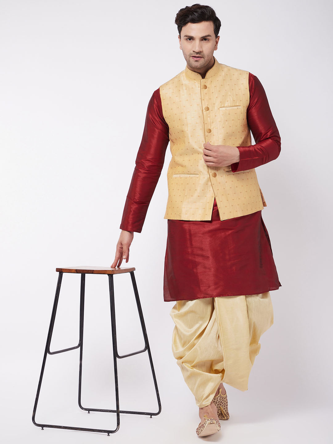 Vastramay Men's Gold Zari Weaved Jacket With Kurta Dhoti Set