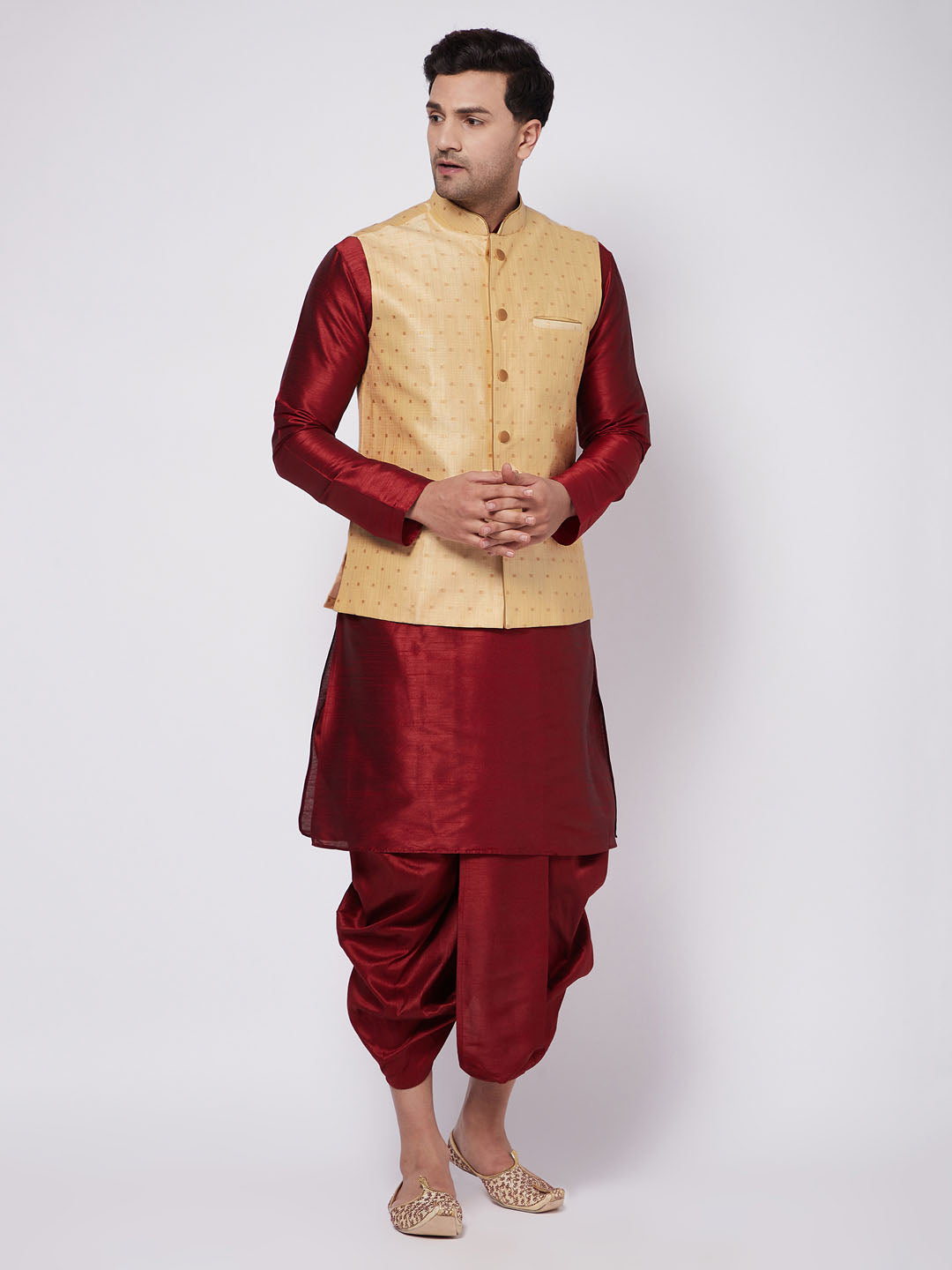 Vastramay Men's Maroon Zari Weaved Jacket With Kurta Dhoti Set