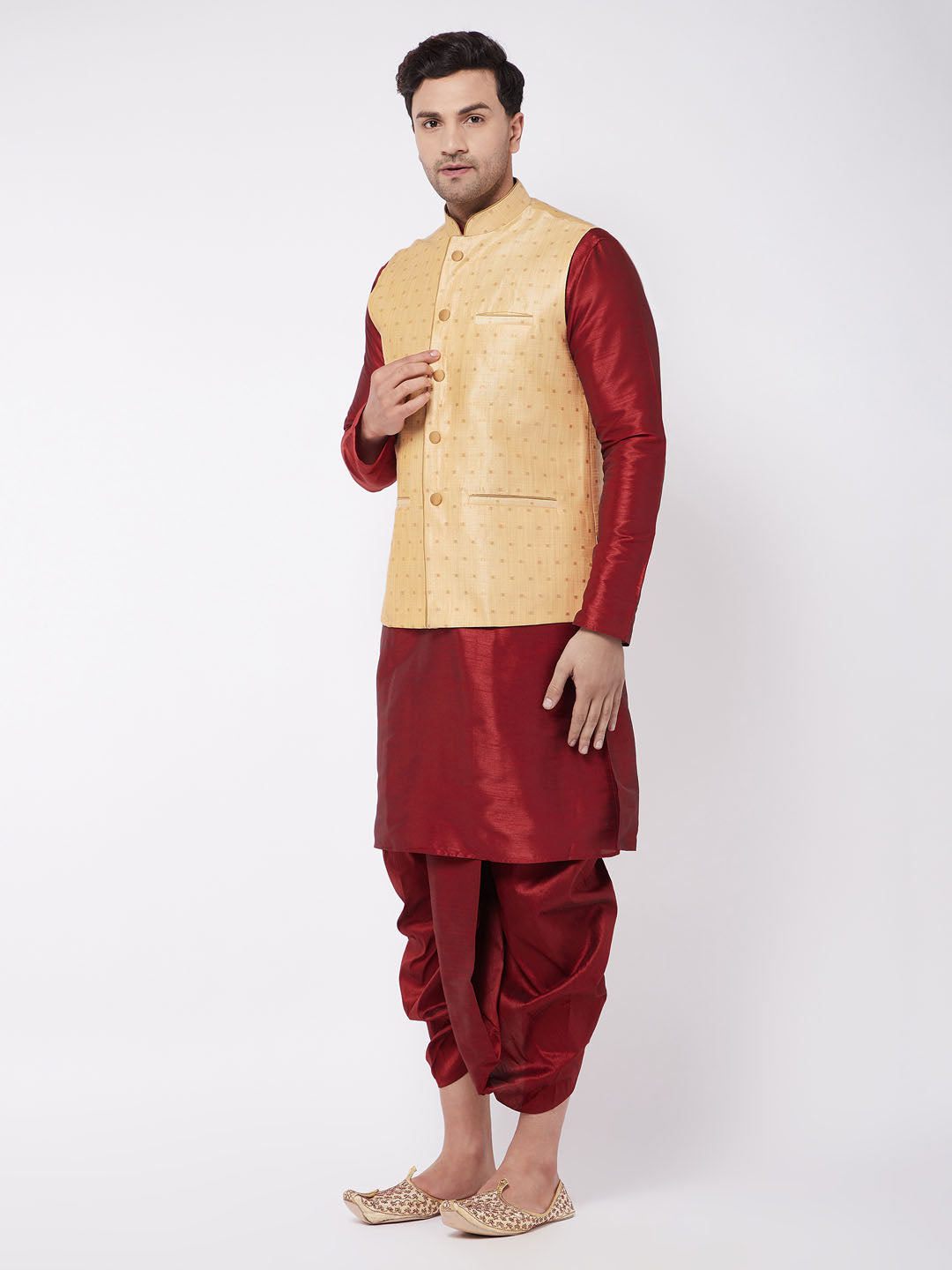 Vastramay Men's Maroon Zari Weaved Jacket With Kurta Dhoti Set