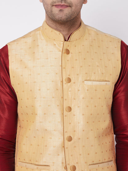 Vastramay Men's Maroon Zari Weaved Jacket With Kurta Dhoti Set