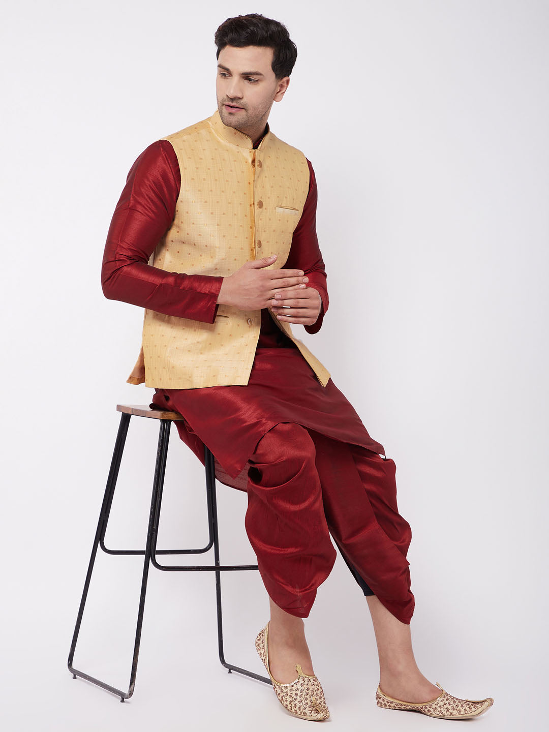 Vastramay Men's Maroon Zari Weaved Jacket With Kurta Dhoti Set