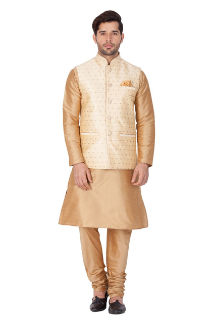 Vastramay Men's Gold Zari Weaved Jacket With Kurta Pyjama Set