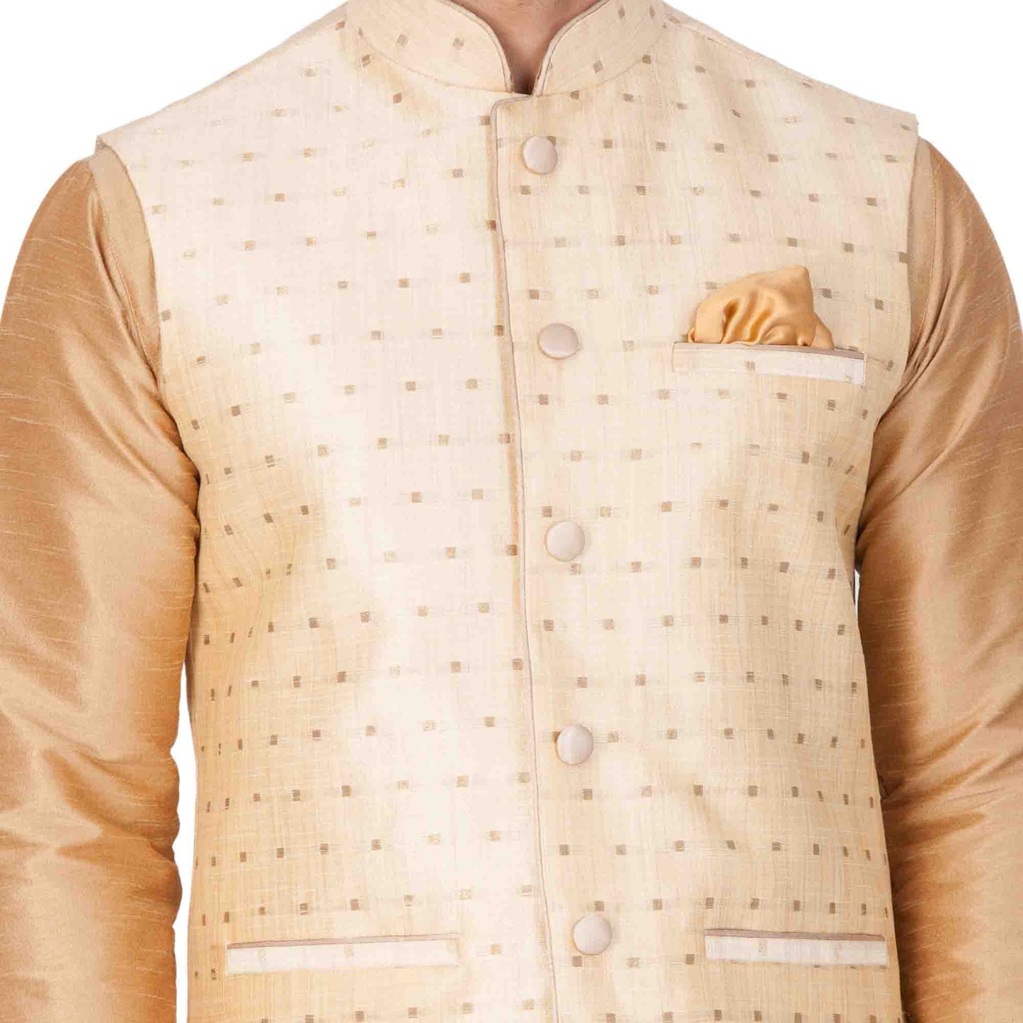 Vastramay Men's Gold Zari Weaved Jacket With Kurta Pyjama Set