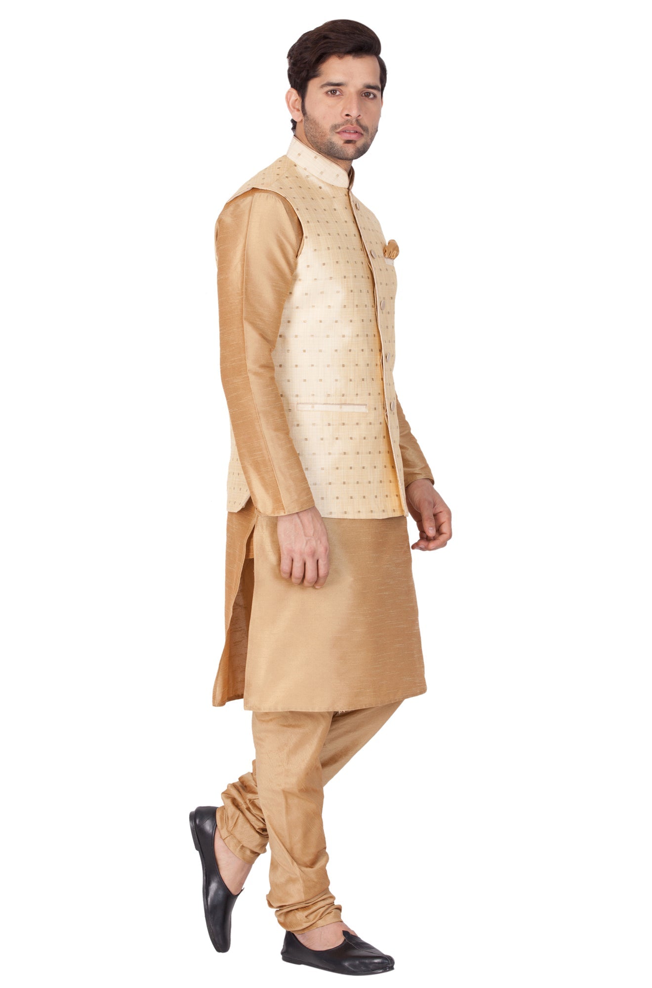 Vastramay Men's Gold Zari Weaved Jacket With Kurta Pyjama Set