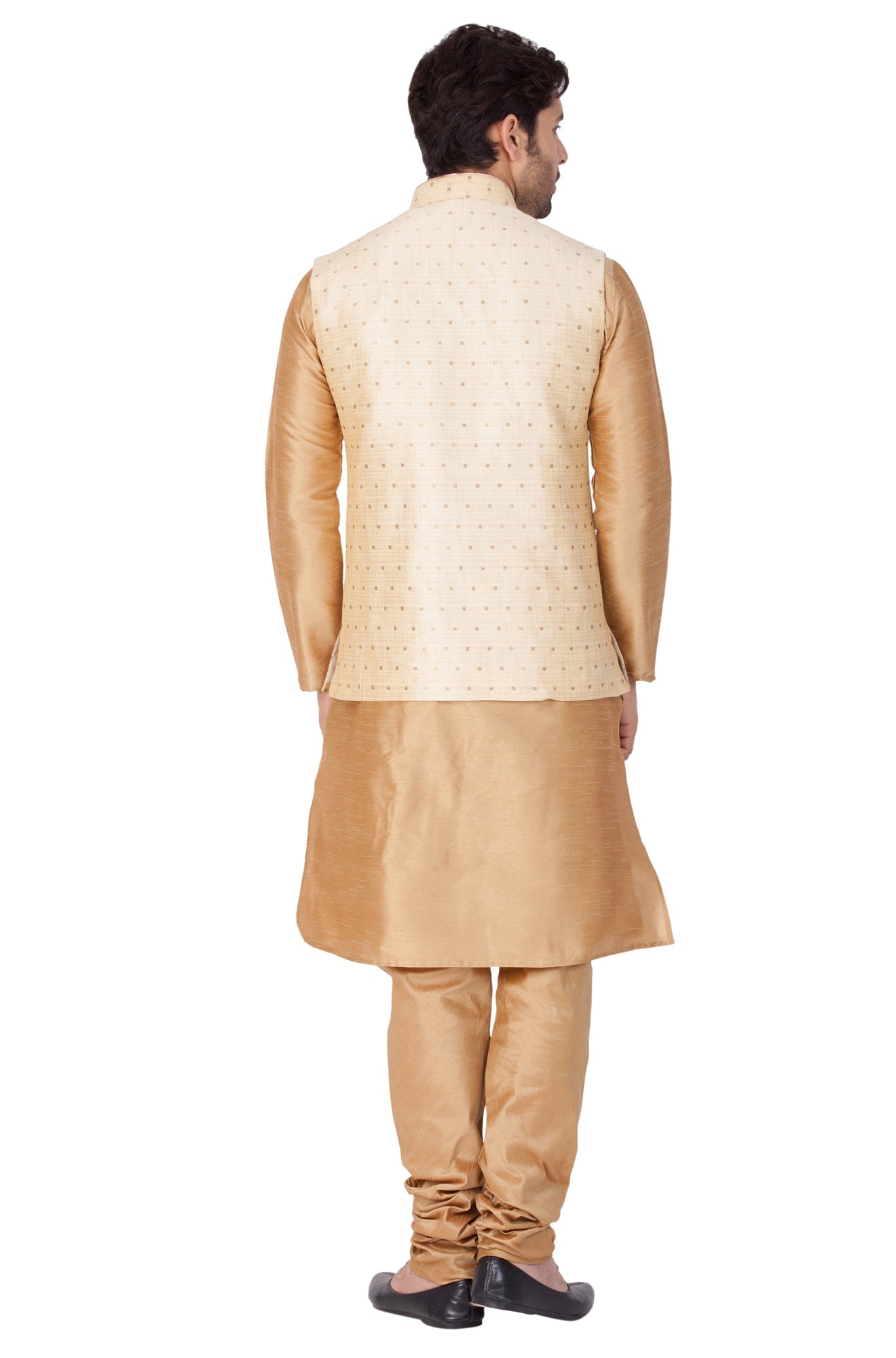 Vastramay Men's Gold Zari Weaved Jacket With Kurta Pyjama Set