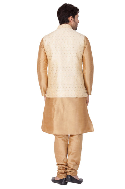 Vastramay Men's Gold Zari Weaved Jacket With Kurta Pyjama Set