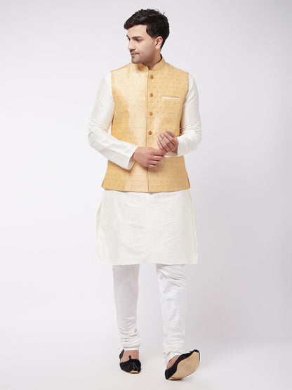 Vastramay Men's Gold Zari Weaved Jacket With Kurta Pyjama Set