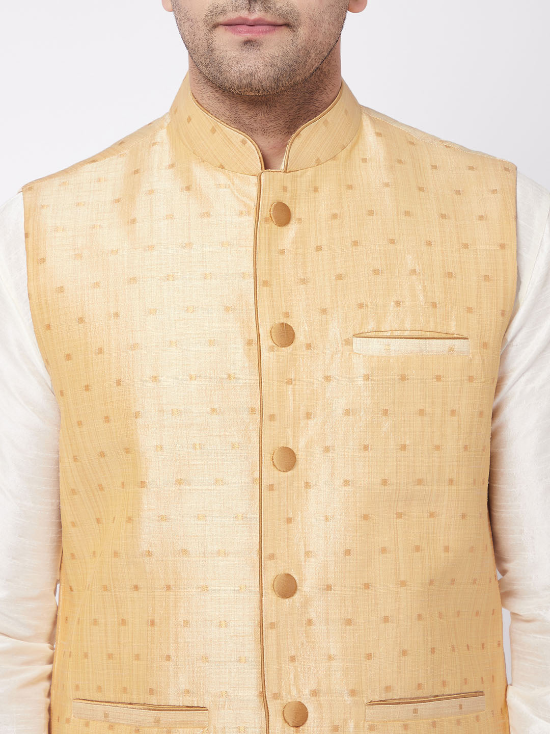 Vastramay Men's Gold Zari Weaved Jacket With Kurta Pyjama Set