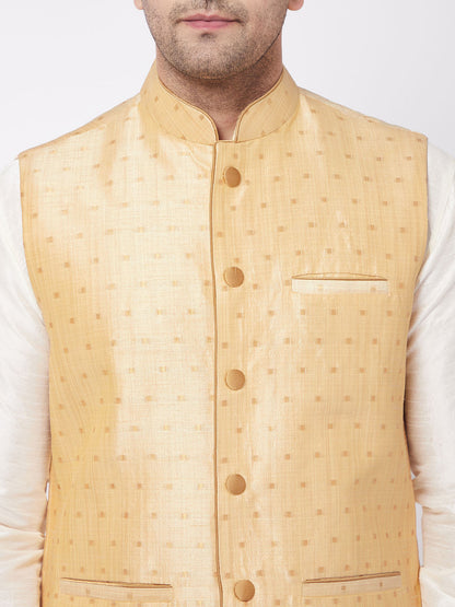 Vastramay Men's Gold Zari Weaved Jacket With Kurta Pyjama Set