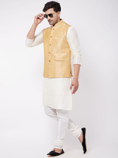 Vastramay Men's Gold Zari Weaved Jacket With Kurta Pyjama Set