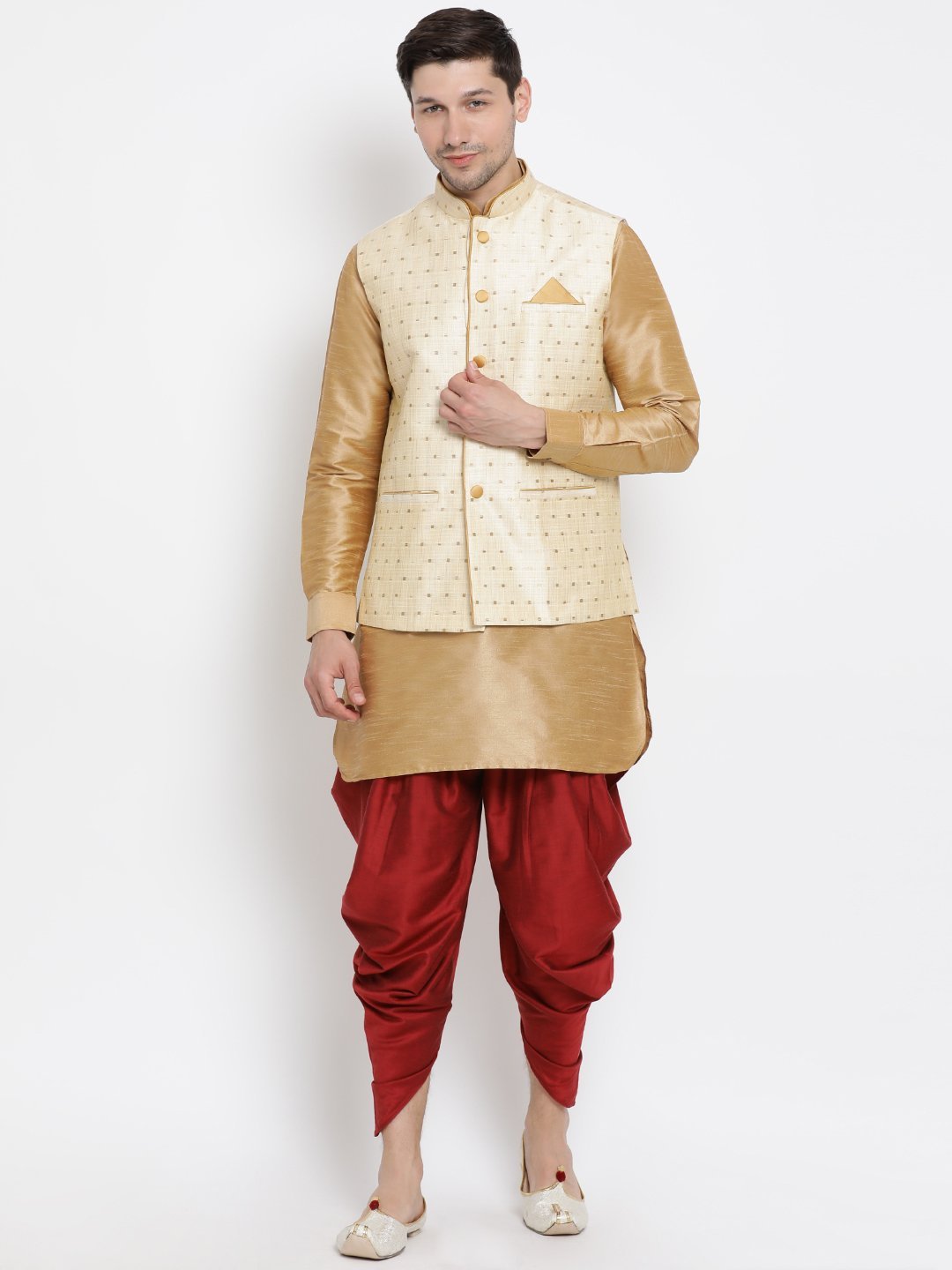 Vastramay Men's Gold Zari Weaved Jacket With Kurta Dhoti Set