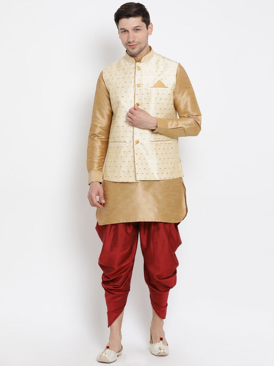 Vastramay Men's Gold Zari Weaved Jacket With Kurta Dhoti Set