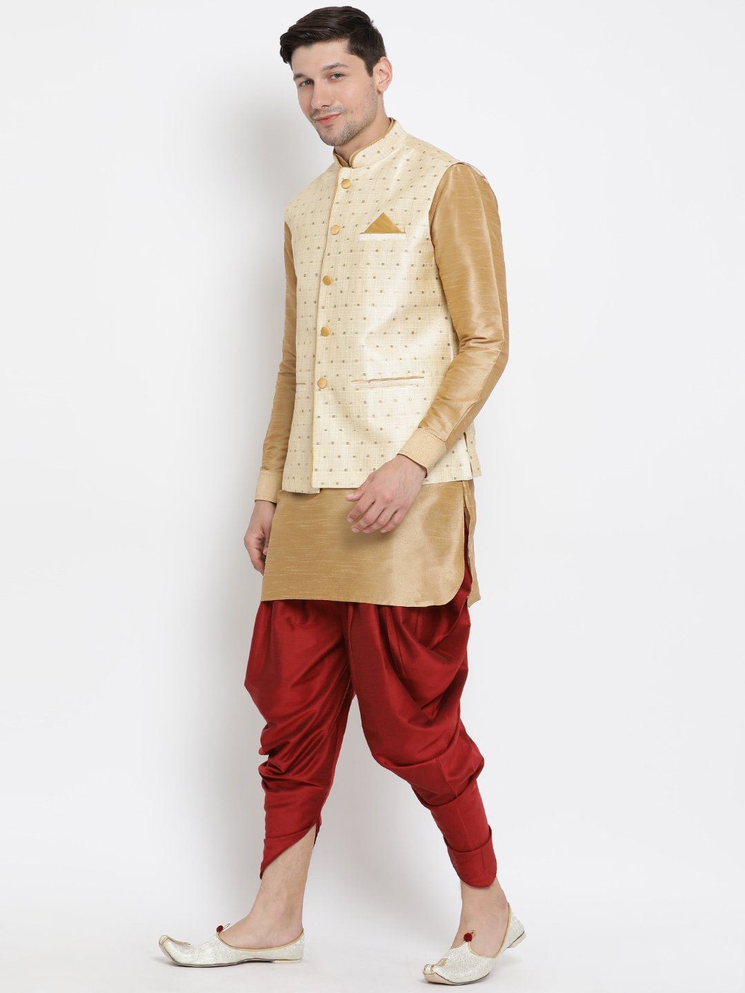 Vastramay Men's Gold Zari Weaved Jacket With Kurta Dhoti Set