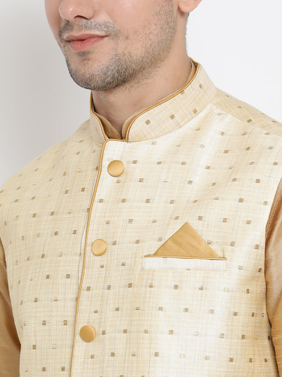 Vastramay Men's Gold Zari Weaved Jacket With Kurta Dhoti Set