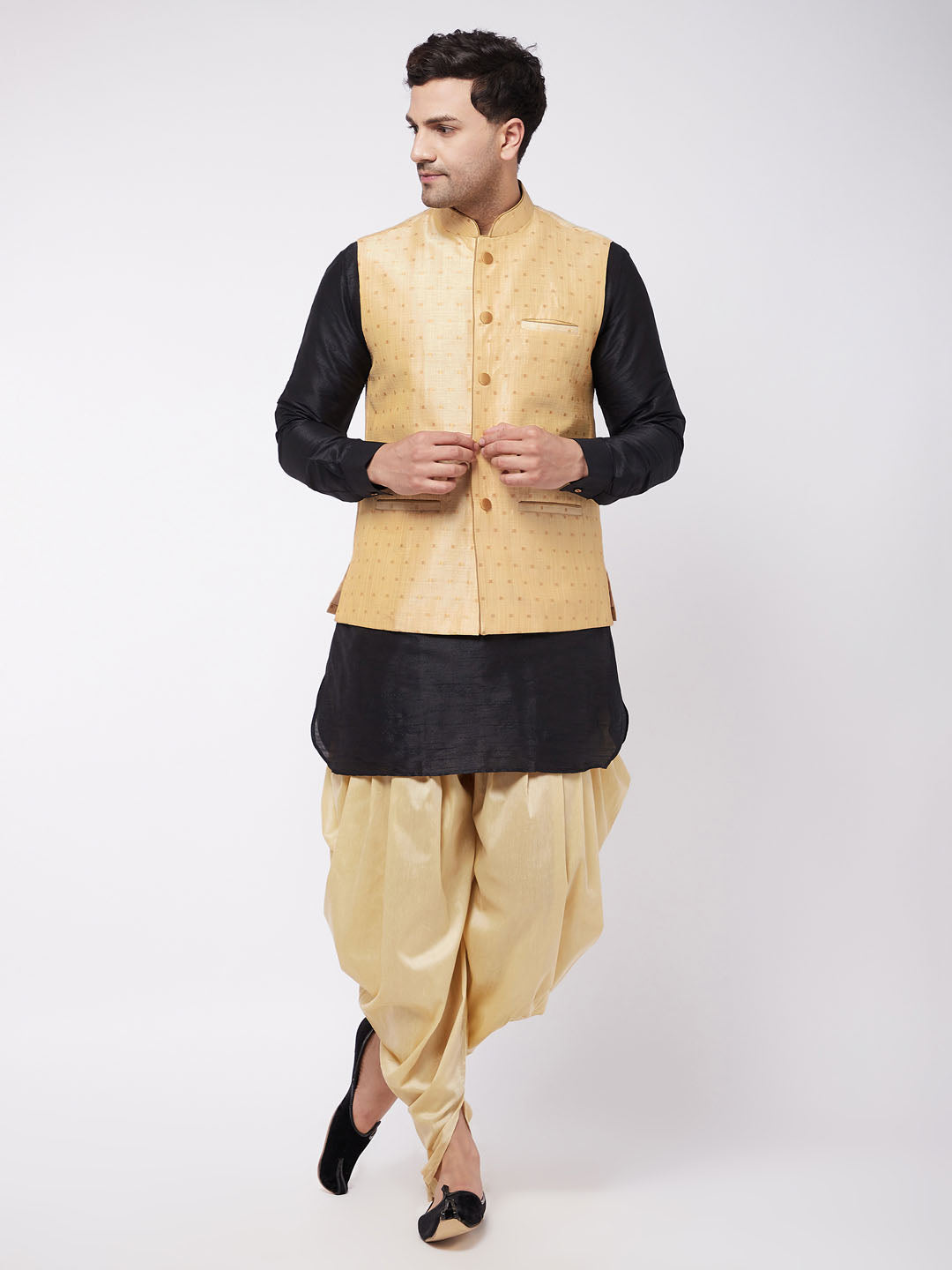 Vastramay Men's Gold Zari Weaved Jacket With Kurta Dhoti Set