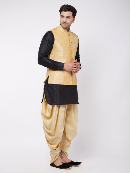 Vastramay Men's Gold Zari Weaved Jacket With Kurta Dhoti Set