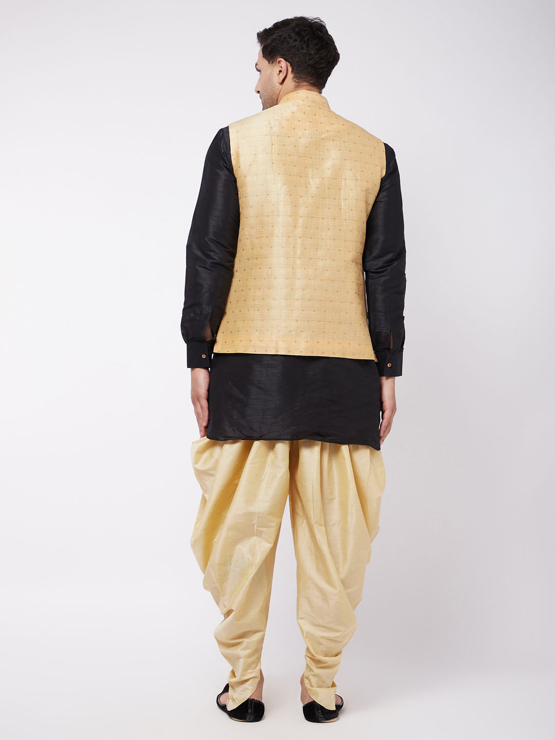 Vastramay Men's Gold Zari Weaved Jacket With Kurta Dhoti Set