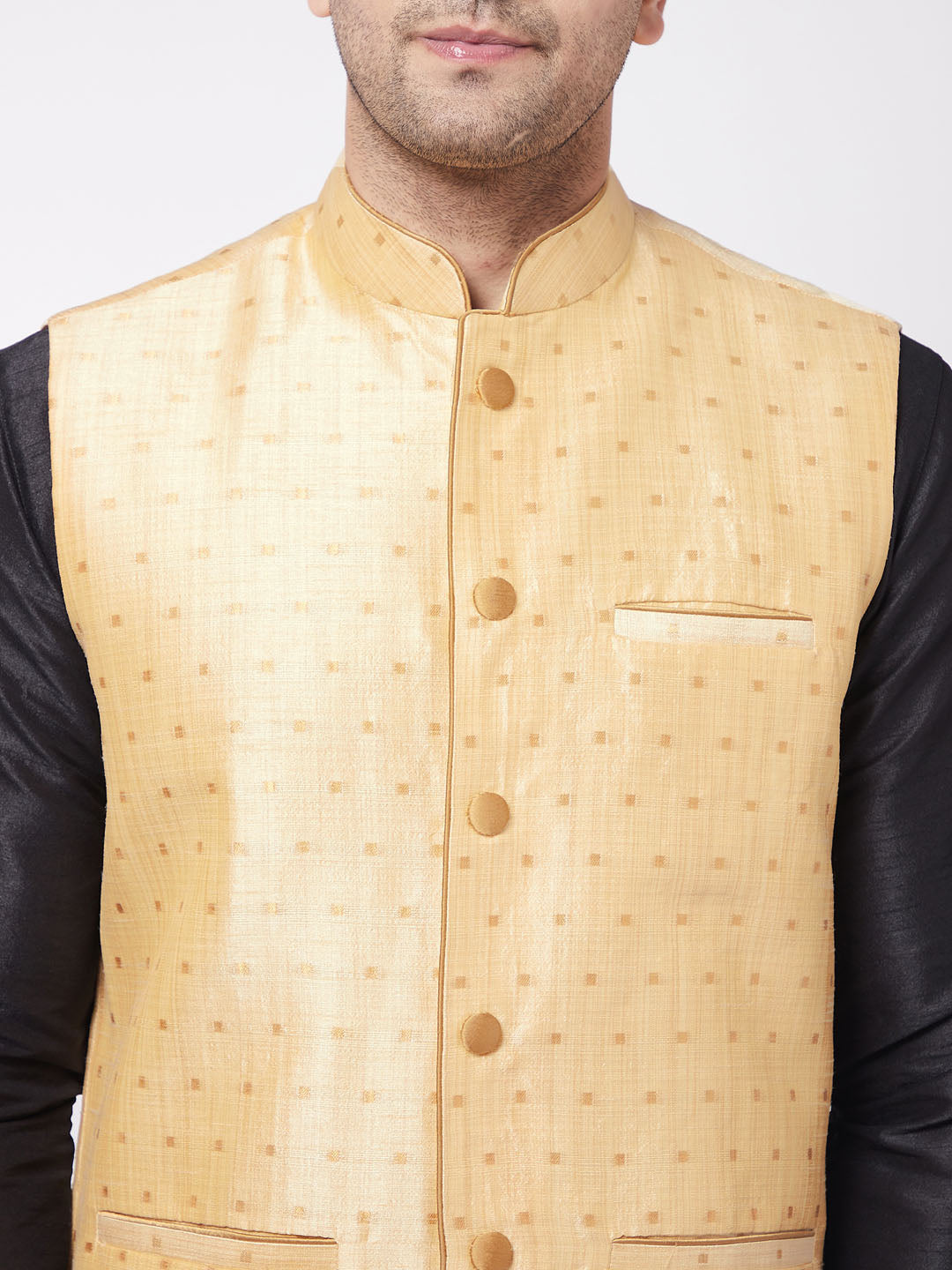 Vastramay Men's Gold Zari Weaved Jacket With Kurta Dhoti Set