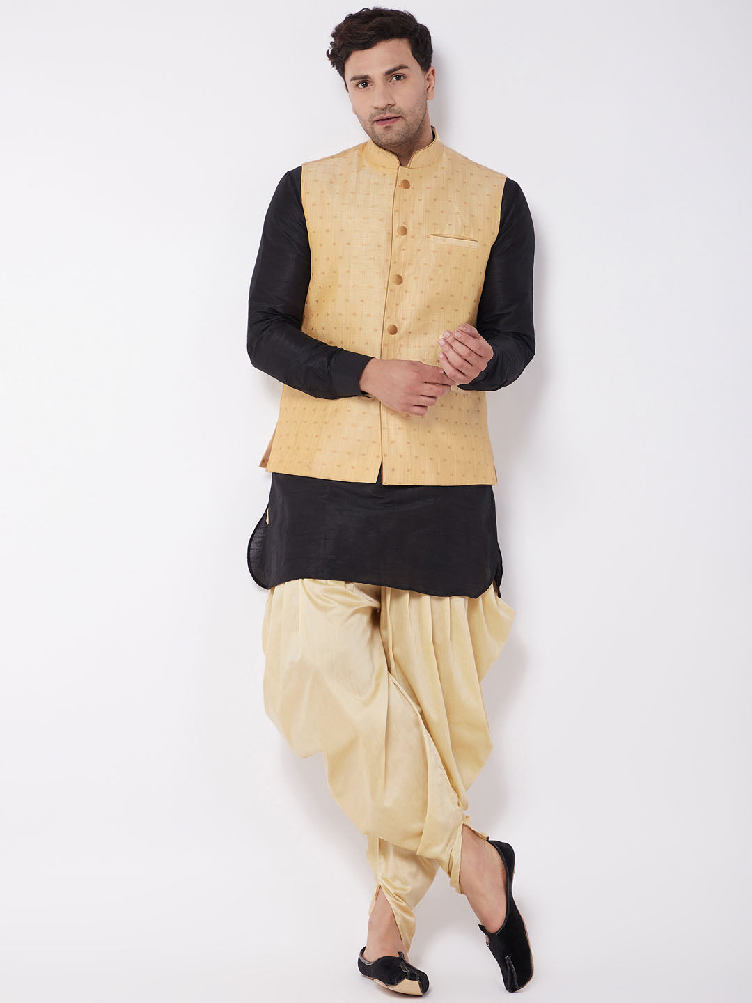 Vastramay Men's Gold Zari Weaved Jacket With Kurta Dhoti Set