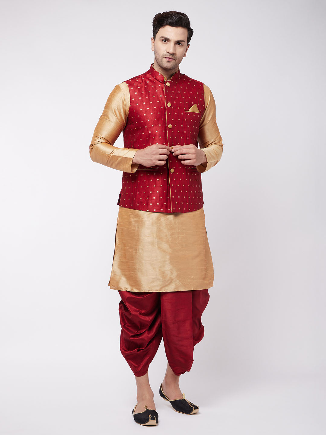 Vastramay Men's Maroon Zari Weaved Jacket With Kurta Dhoti Set