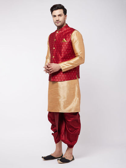 Vastramay Men's Maroon Zari Weaved Jacket With Kurta Dhoti Set