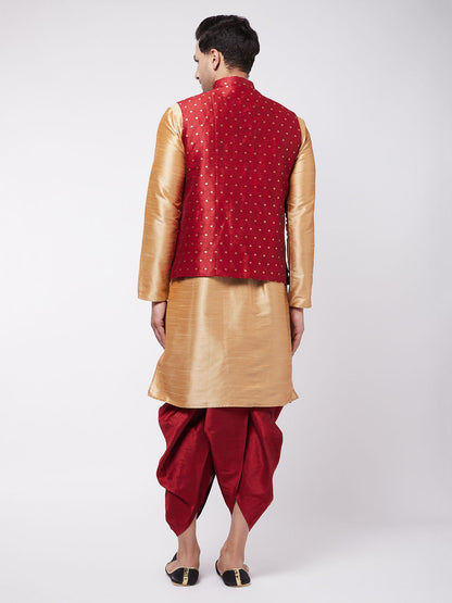 Vastramay Men's Maroon Zari Weaved Jacket With Kurta Dhoti Set