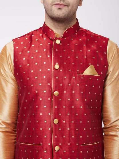 Vastramay Men's Maroon Zari Weaved Jacket With Kurta Dhoti Set